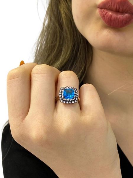 

cluster rings baget blue z stone 925 silver ring, Golden;silver