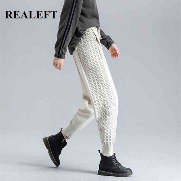 

autumn winter knitting women harem pants loose high waist pockets ankle-length lady drawing chic warm trousers 210428, Black;white