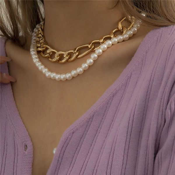 

pendant necklaces barque style pearl bead chunky chain double layer necklace for women girl metal geometric link choker, Silver