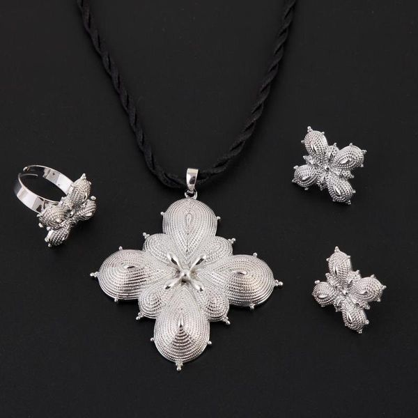 

earrings & necklace ethiopian fashion jewelry set silver color african trendy bridal habesha women wedding sets