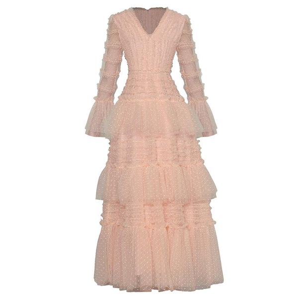 

casual dresses luxury designer polka dot women v neck sheer flare sleeves fitted cascading ruffle big swing long dress sweet clothing vestid, Black;gray