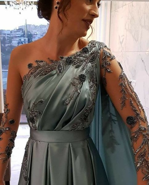 

one shoulder beading evening dresses full length 2021 a-line satin long sleeves formal party wear gown prom dress, Black;red