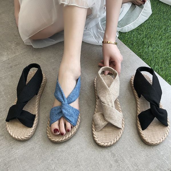 Sandalen Elastische Band Stroh Schuhe Frauen 2022 Sommer Anzug Weibliche Beige Flacher Mund Riemchen Heels Flachs Kreuz Slip-on handgemachte Bla