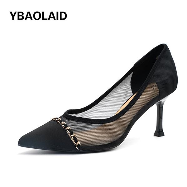 

dress shoes fashion pointed mesh splicing metal chain high heels 2021 spring and autumn solid color shallow mouth stiletto heel, Black