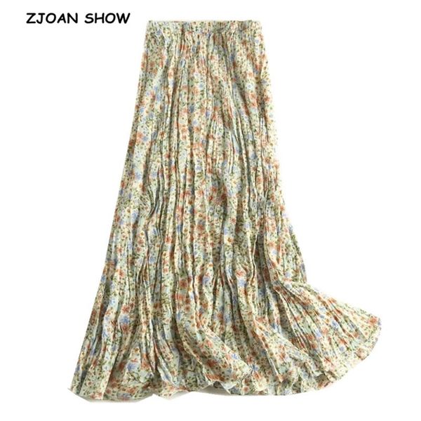 BOHO Green Floral Print Rayon морщина длинная юбка для юбки для детей эластичная высокая талия ruched Pliated Swing юбки пляж 210629