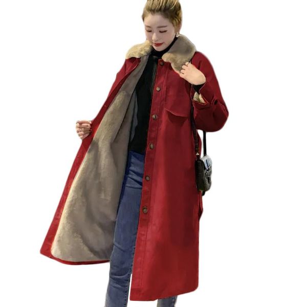 

women's trench coats plus size women tooling jacket 2021 winter korean loose long velvet coat thick warm padded parka overcoat, Tan;black