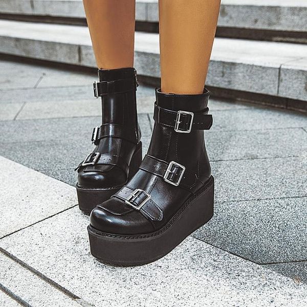 

boots pxelena vintage combat ankle for women platform creepers buckle punk rock gothic motorcycle lady shoes plus size 451, Black