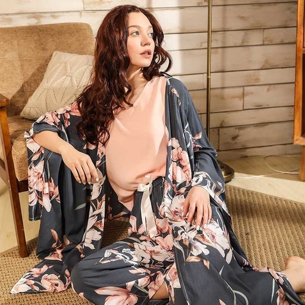 

Women's Sleepwear Ladies Floral Printed Deep Grey Elegant Women Wide Sleeve Loose 4Pcs Pajamas Set Soft Homewear Casual Wear For Spring LOWB, Black;red