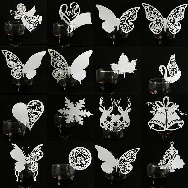 

greeting cards 50pcs/lot white butterfly heart laser cut table mark wine glass name place wedding birthday baby shower christmas supplies