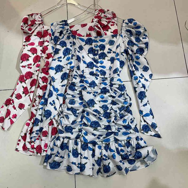 

spring long puff sleeve slash neck floral print high waist ruffles short mini dress with belt women ml168 210525, Black;gray
