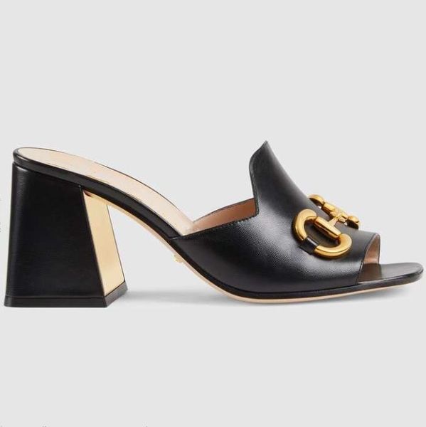 

women leather horsebit slipper sandal open-toed gold-toned hardware outdoor designer lady wide strap high heel block rubber sole slide sanda, Black