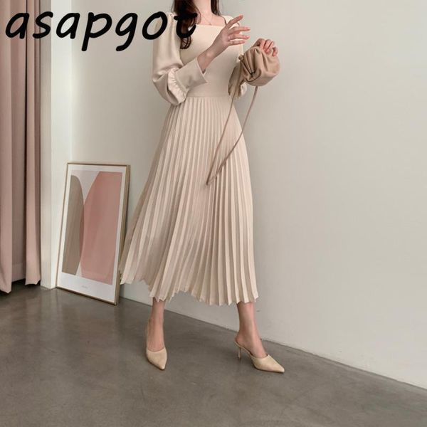 

asapgot dress women autumn lady's slim high waist square collar pleated mid-calf puff long sleeve elegant gentle vestidos casual dresse, Black;gray