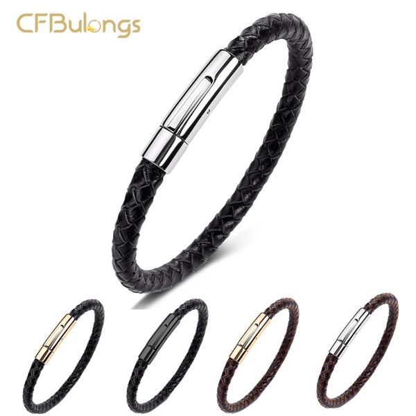 

charm bracelets cfbulongs punk style simple design bracelet for men stainless steel black button diy handwoven leather fashion jewelry, Golden;silver