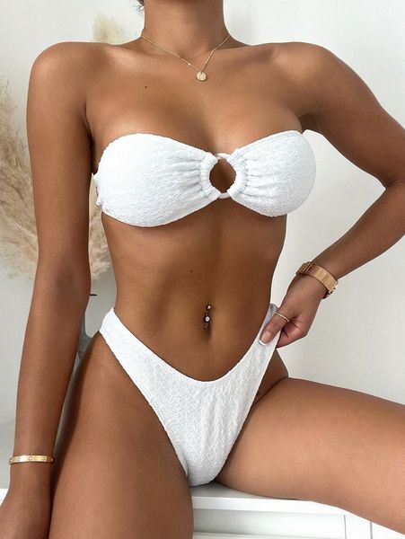 

textured ring linked high cut bikini swimsuit 043k#, White;black