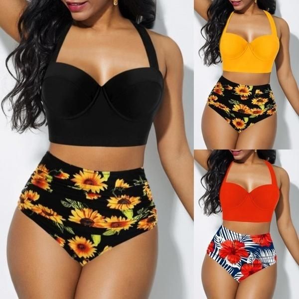 

two piece women fashion sunflower printed sleeveless bikini set swimsuit bathing suit swimwear beach wear high waist women's, White;black