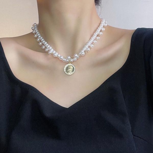 

chokers xiaoboacc vintage portrait lucky coin pendant necklace for women korean baroque double layered pearl chocker chain, Golden;silver