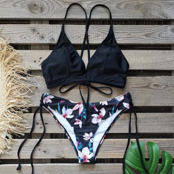 

one-piece suits 2021 split swimsuit solid color print strap high waist mini bikini open back sexy
