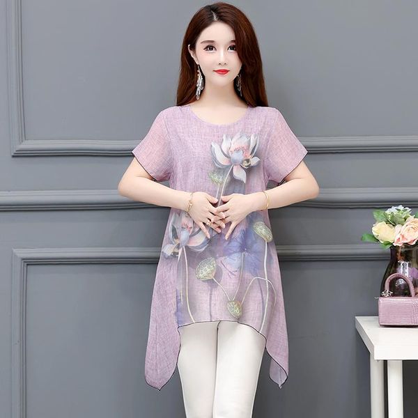 

women's blouses & shirts pullover large size 2021 summer short-sleeved plus-size chiffon shirt middle-aged long clothing loose blusa 86, White