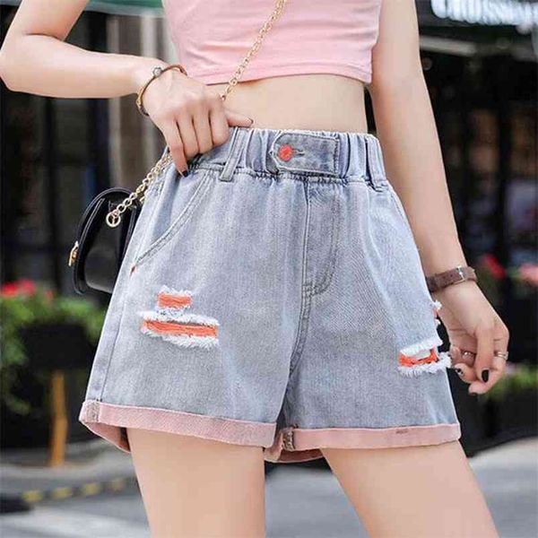 

arrival korea fashion women elastic high waist jean shorts loose hole vintage denim plus size casual d216 210512, White;black