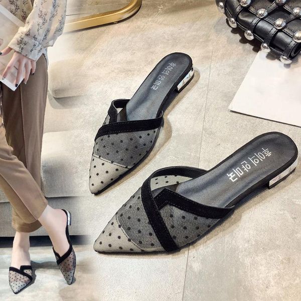 

slippers 2021 summer plaid mesh pointed baotou female bow flat shoes women's wild fashion breathable sandals and y*, Black
