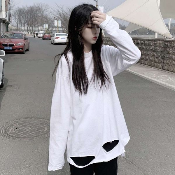 

women's sweaters hoodies long sleeve t-shirt fashion early autumn harajuku bf loose solid color hole bottomed kpoo, White;black