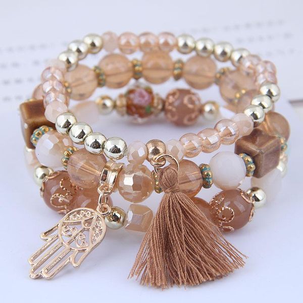 

charm bracelets bohemian fashion & bangles for women trendy simple acrylic beads palm tassel multi-layer wrap jewelry, Golden;silver