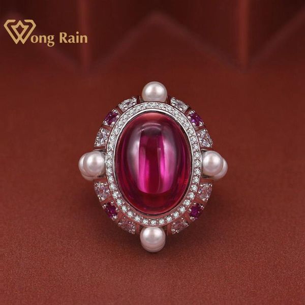 

cluster rings wong rain vintage 100% 925 sterling silver oval ruby pearls gemstone diamonds wedding engagement ring fine jewelry wholesale, Golden;silver