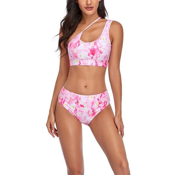 

women's swimwear 2021 high waist bikini suit tie-dye one shoulder split push up padded ladies swimsuit summer beachwear, White;black
