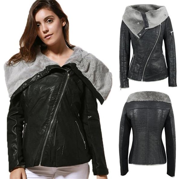 

fashion leather collar asymmetrical fleece black woman jacket