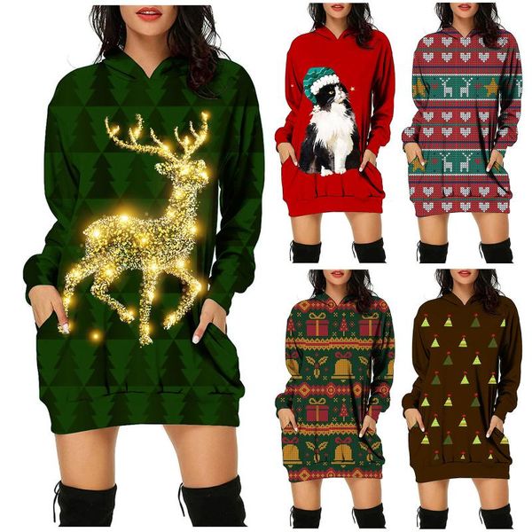 

casual dresses women's autumn christmas long sleeve dress loose plus size cute deer printed vestidos, Black;gray