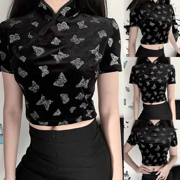 

forefair knitted summer women blouses improved cheongsam short sleeve butterfly print blouse women's & shirts, White