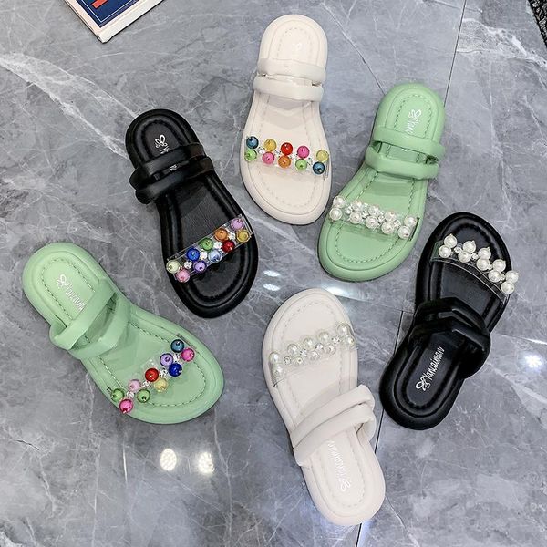 

slippers wohdhe platform women comfortable colorful pearl outdoor beach slides sandals low heels round toe sweet style candy, Black