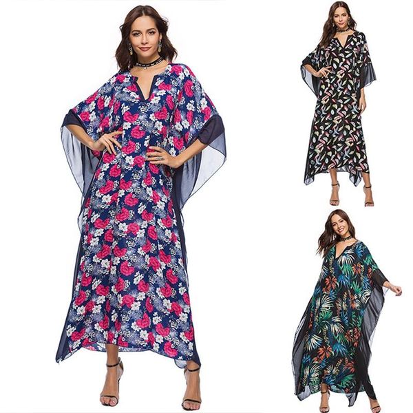 

elegant ethnic print long dress bat sleeve oversize dressing gowns holiday casual beach dresses, Black;gray