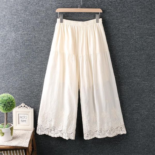 

women's pants & capris autumn 2021 clothing small fresh hollow out embroidery wide leg cotton linen loose ankle-length, Black;white