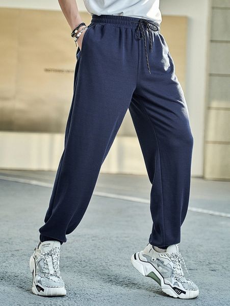 

men slant pocket drawstring waist sweatpants i235#, Black