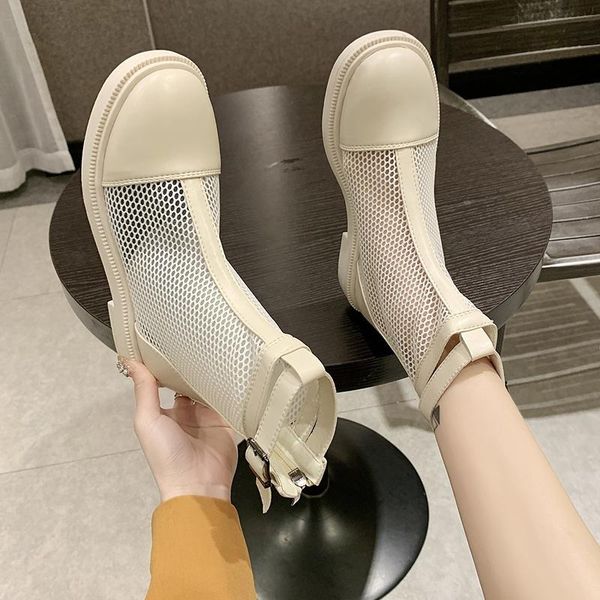 

boots 2021 summer mesh ankle buckle strap zipper block heels hollow out breathable ladies shoes fashion platform women sandals, Black