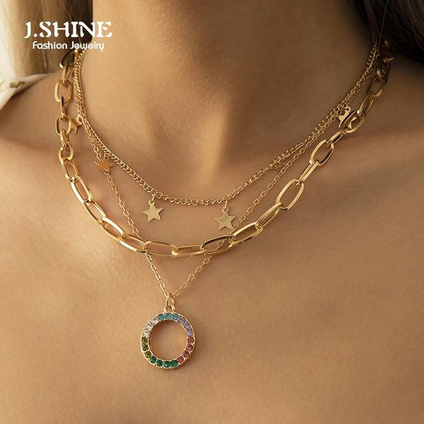 

chains j.shine vintage tassel star bling rhinestone circle pendant choker necklace for women fashion multilayer chain party jewelry, Silver