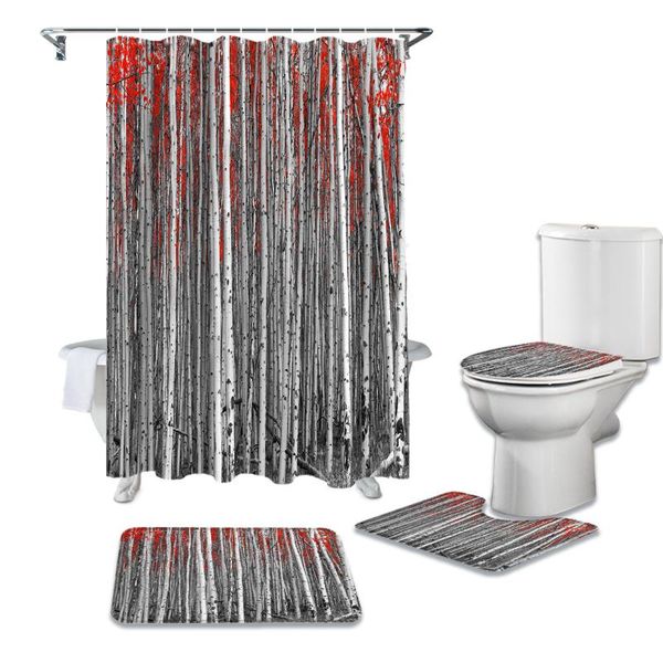 

red leaves birch tree forest waterproof shower curtains set bathroom curtain and rug sets
