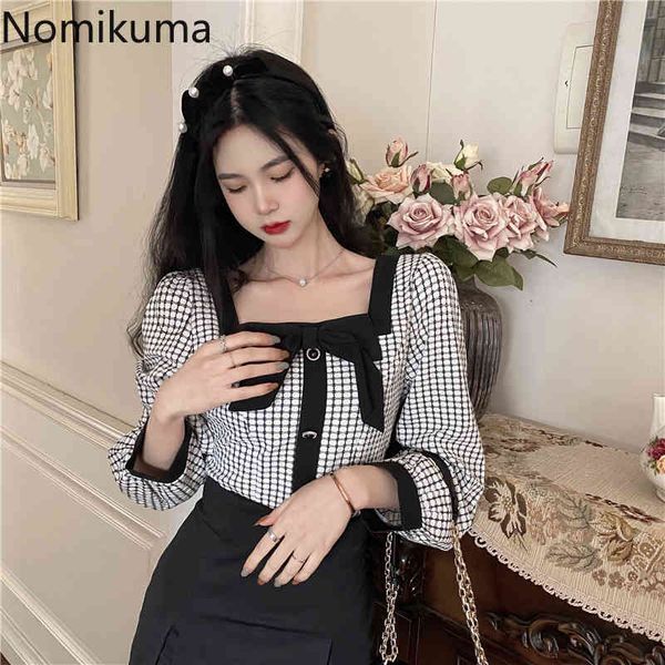 

nomikuma plaid elegant short women blouse bowknot square collar puff long sleeve shirt spring new pullover blusas 6f118 210427, White