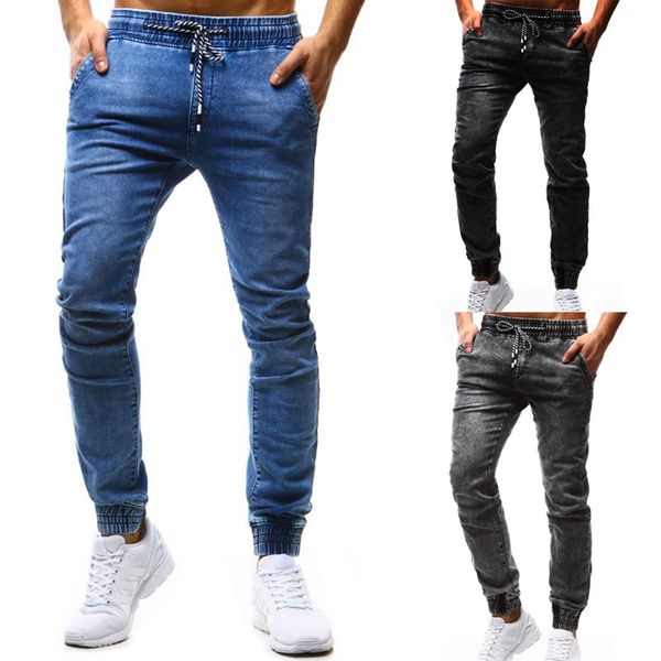 

jeans men new classic simple string-and-elasticated men's plain casual jeans, Blue