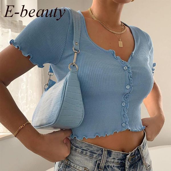 

women v-neck short sleeve ruffle t-shirt clubwear buttons bodycon solid crop summer outwear tee shirt femme women's, White