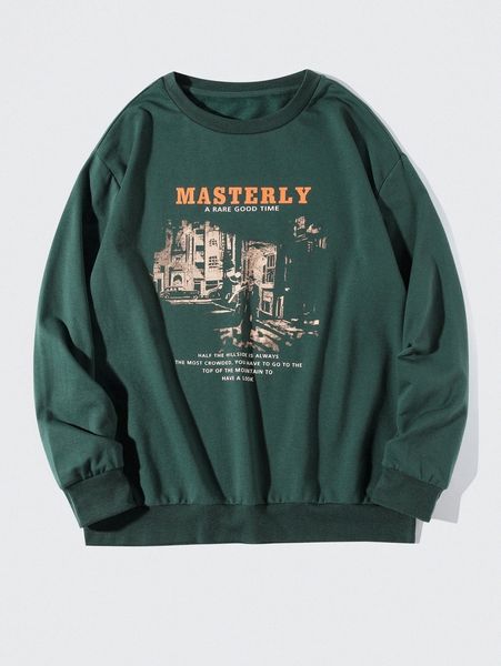 

men street scene and slogan graphic sweatshirt 27tf#, Black