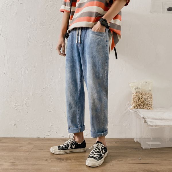 

drawstring straight jeans mens fashion washed casual retro jeans pants men streetwear wild loose hip hop denim trousers s-3xl, Blue