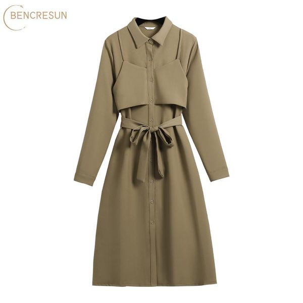 

women's trench coats fashion autumn casual single breasted women khaki fake two pieces lace-up classic long coat female midi windbreake, Tan;black