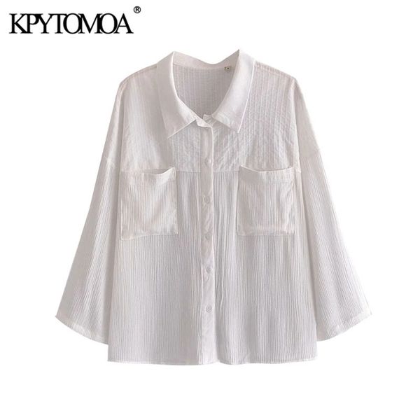 

women fashion with pockets loose blouses long turn-up sleeves button-up female shirts blusas chic 210420, White