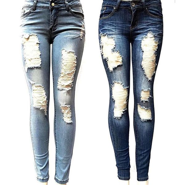 

women's jeans womens stretch skinny ripped hole washed denim female slim jeggings high waist pencil pants trousers, Blue