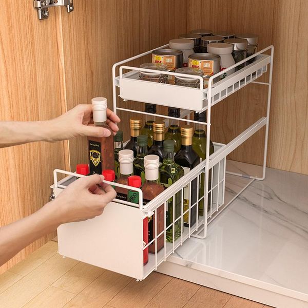 

storage rack under kitchen sink pull-out cabinet push-pull basket drawer bathroom counter finishing bottles & jars