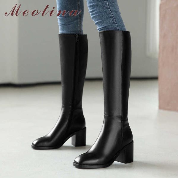 

meotina knee high boots women shoes genuine leather high heel long boots square toe zip block heels boots female autumn winter 210608, Black