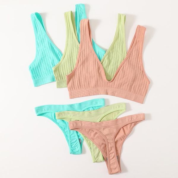 

yoga outfit deep v bra set women lingerie underwear seamless ribbed low back bralette fashion brassiere female intimates