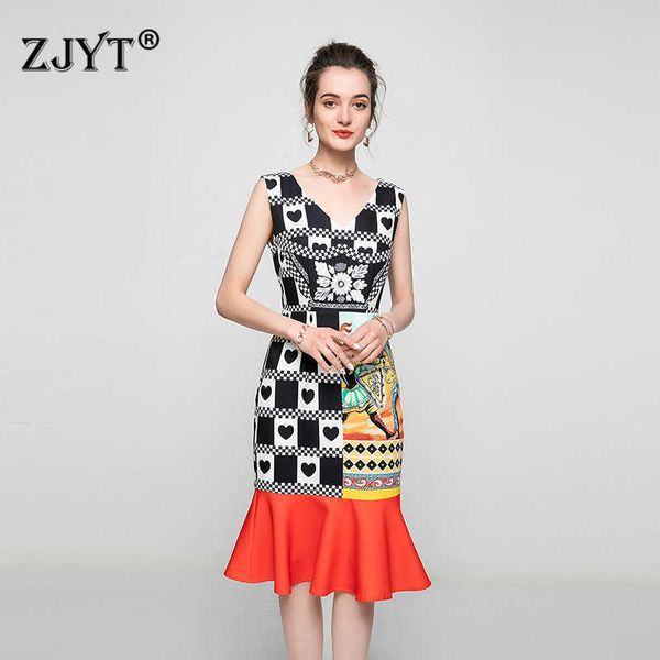 

summer fashion women runway designers sleeveless v neck geometric print vintage trumpet dress 210601, Black;gray